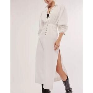 Free People Mad Love White Denim Button Front Midi Shirt Dress XS Boho Chic